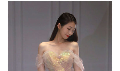 Short-Sleeve Off Shoulder Iridescent A-Line Evening Gown