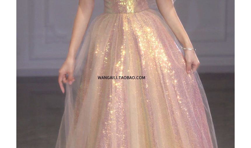 Short-Sleeve Off Shoulder Iridescent A-Line Evening Gown