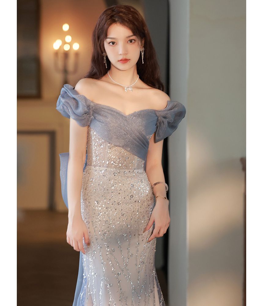 Shoulder Mesh Evening Gown Off A-Line Trained