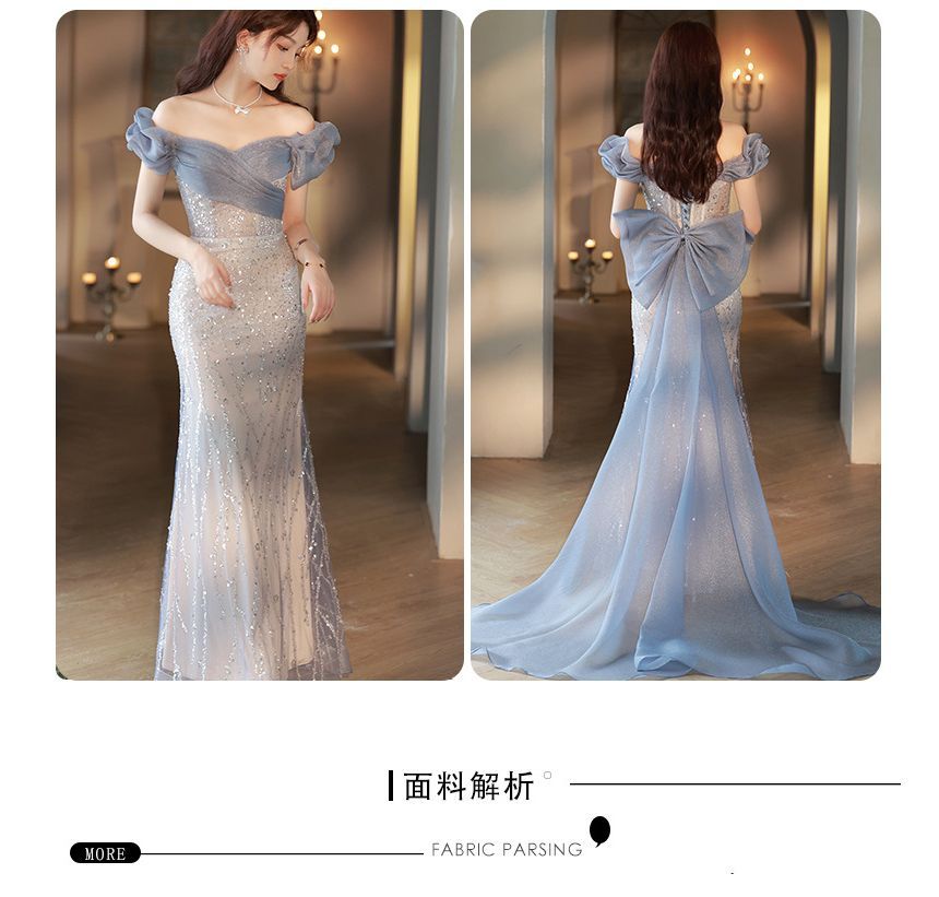 Off Shoulder Mesh Trained A-Line Evening Gown