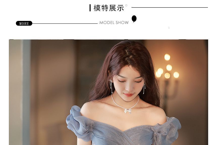 Shoulder Mesh Evening Gown Off A-Line Trained