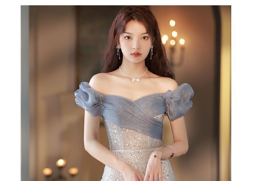 Shoulder Mesh Evening Gown Off A-Line Trained