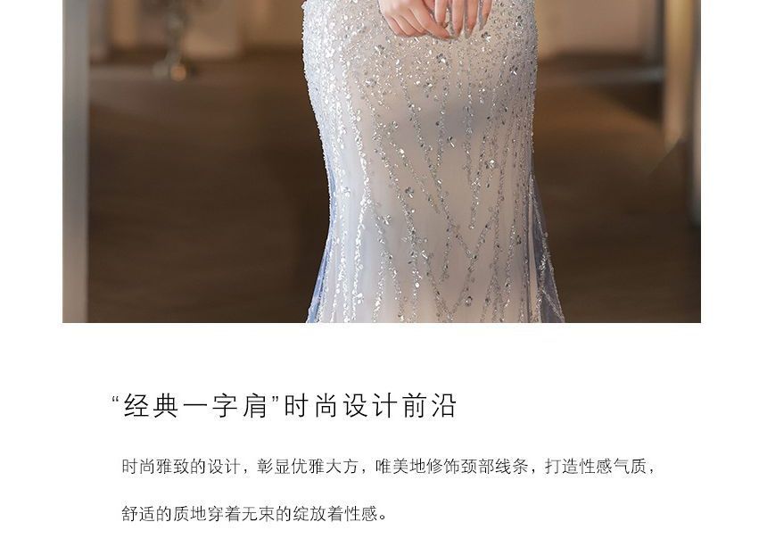 Shoulder Mesh Evening Gown Off A-Line Trained