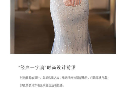 Shoulder Mesh Evening Gown Off A-Line Trained