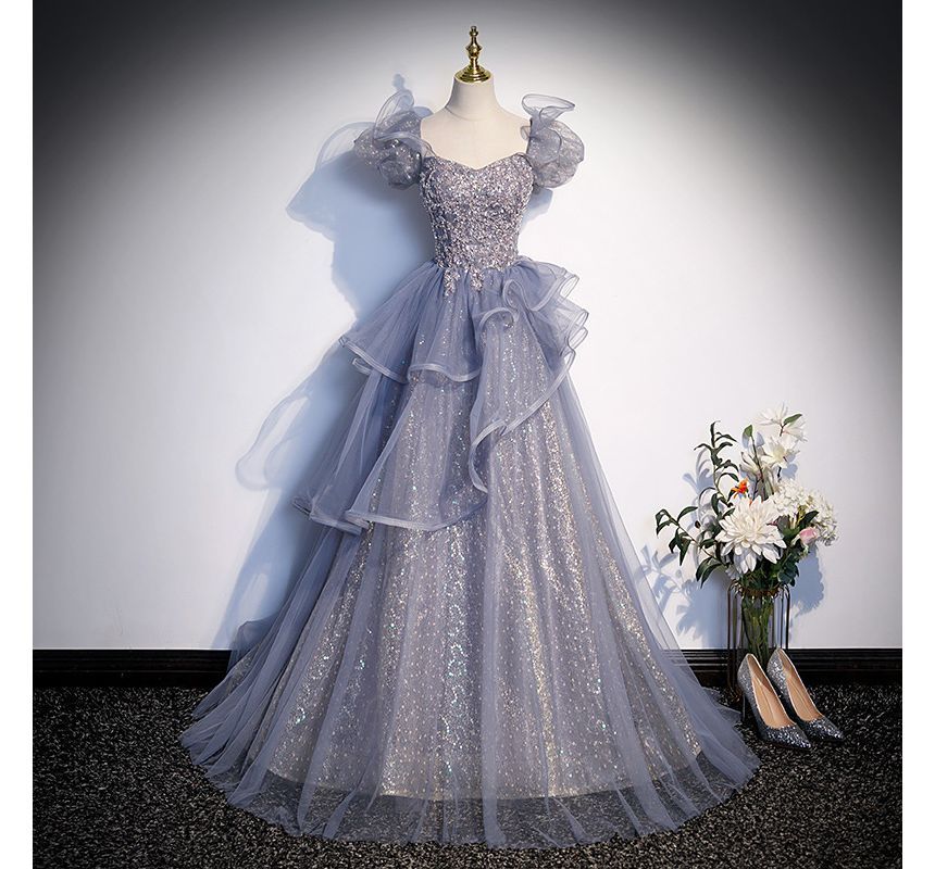 Neckline Cap-Sleeve Evening Sweetheart Gown Mesh A-Line