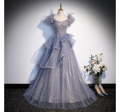 Neckline Cap-Sleeve Evening Sweetheart Gown Mesh A-Line