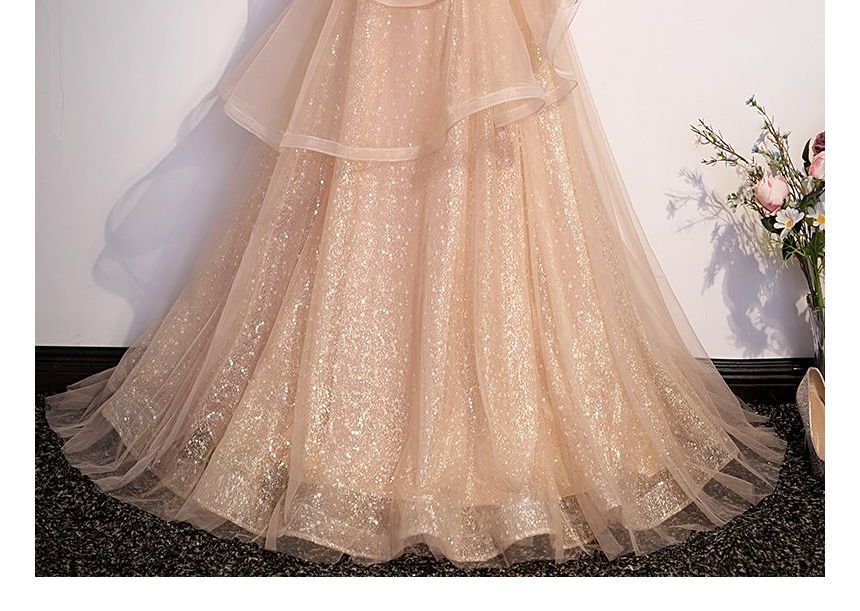 Neckline Cap-Sleeve Evening Sweetheart Gown Mesh A-Line