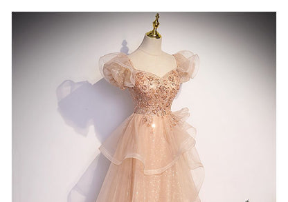 Neckline Cap-Sleeve Evening Sweetheart Gown Mesh A-Line