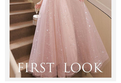 Short-Sleeve Sequined Mesh A-Line Evening Gown