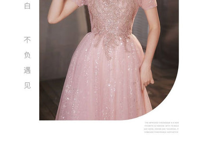 Short-Sleeve Sequined Mesh A-Line Evening Gown
