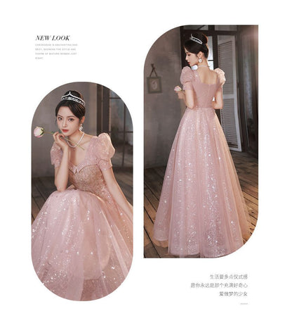 Short-Sleeve Sequined Mesh A-Line Evening Gown
