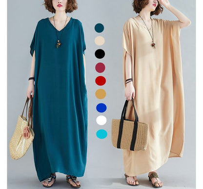 V-Neck Short Sleeve Shift Maxi Dress