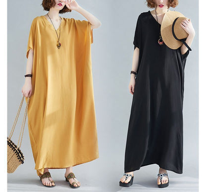 V-Neck Short Sleeve Shift Maxi Dress
