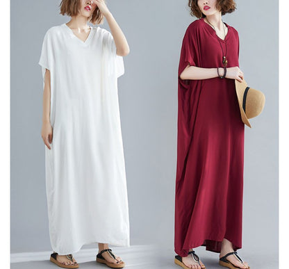 V-Neck Short Sleeve Shift Maxi Dress