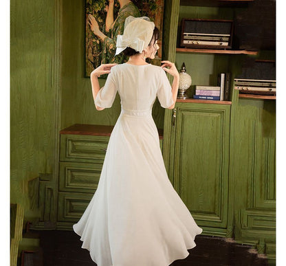 Short-Sleeve Round Neck Butterfly Print Midi A-Line Dress