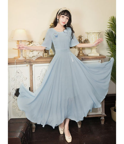 Short-Sleeve Round Neck Butterfly Print Midi A-Line Dress