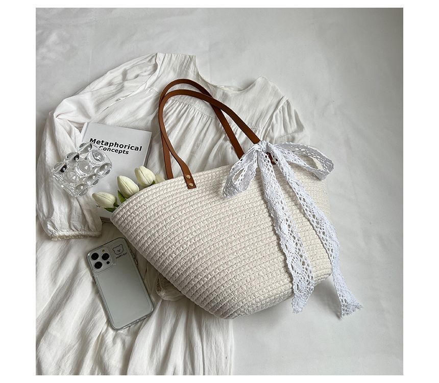 Lace Bow Woven Tote Bag