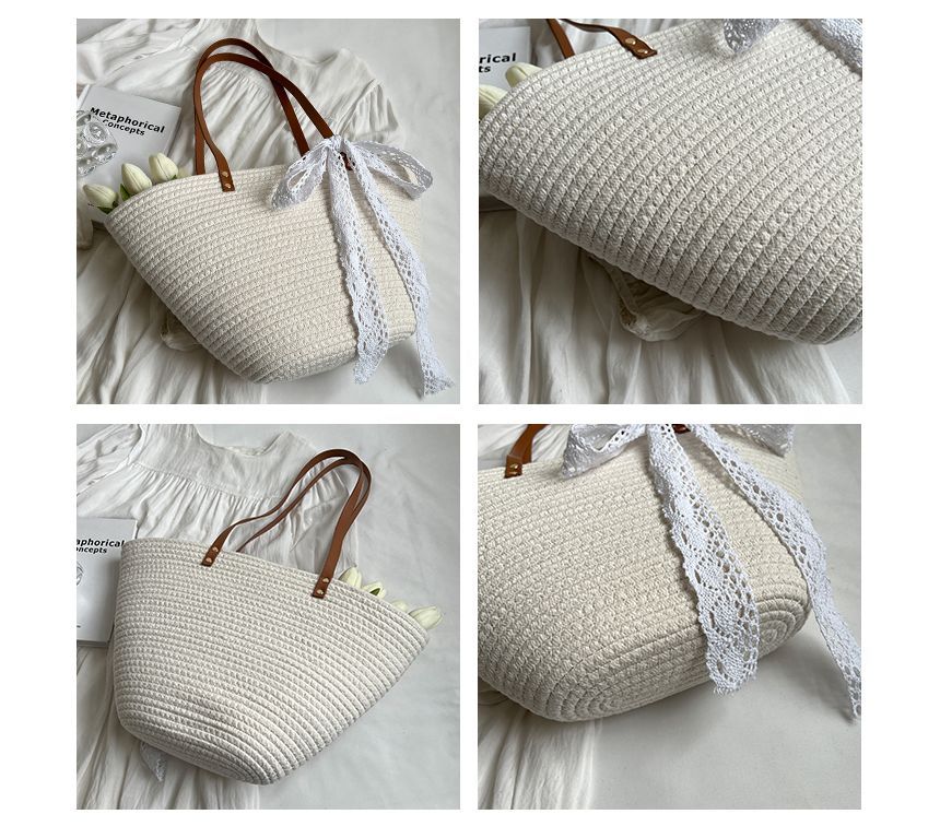 Lace Bow Woven Tote Bag