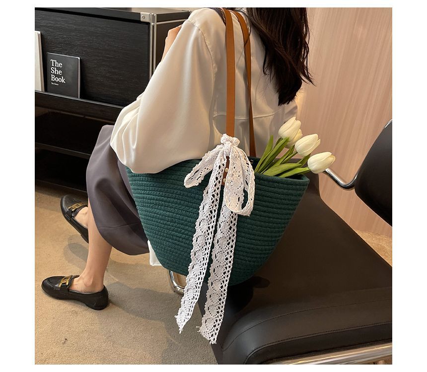 Lace Bow Woven Tote Bag