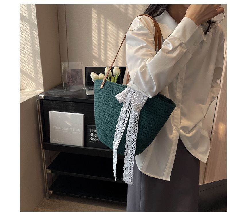 Lace Bow Woven Tote Bag