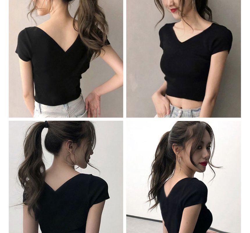 Short-Sleeve V-Neck Plain Cropped T-Shirt