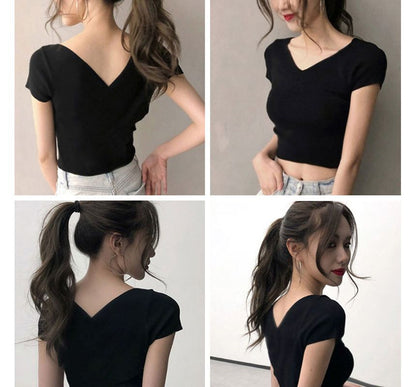 Short-Sleeve V-Neck Plain Cropped T-Shirt