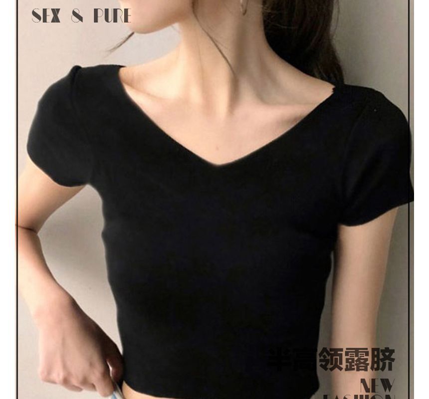 Short-Sleeve V-Neck Plain Cropped T-Shirt