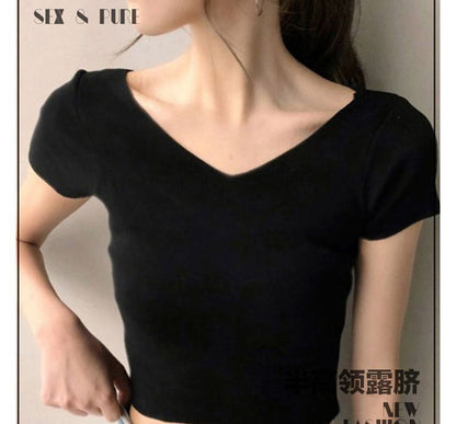 Short-Sleeve V-Neck Plain Cropped T-Shirt