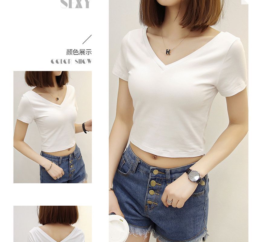 Short-Sleeve V-Neck Plain Cropped T-Shirt