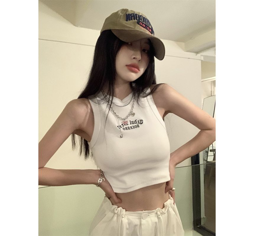 Crew Neck Letter Embroidered Crop Tank Top