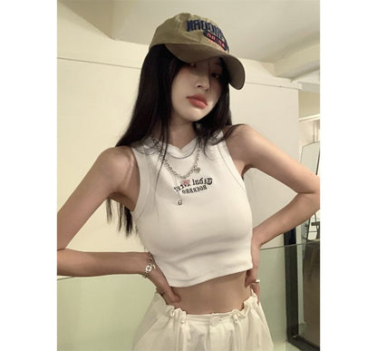 Crew Neck Letter Embroidered Crop Tank Top