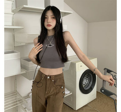 Crew Neck Letter Embroidered Crop Tank Top