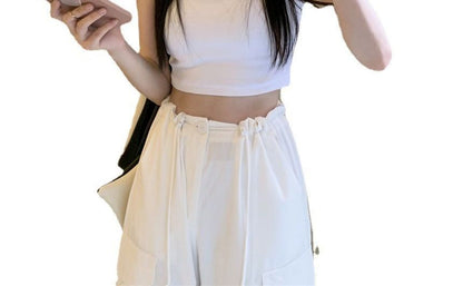Crew Neck Letter Embroidered Crop Tank Top