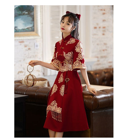 Elbow-Sleeve Mandarin Collar Embroidered Beaded Fringe A-Line Chinese Wedding Gown / Midi Cocktail Dress