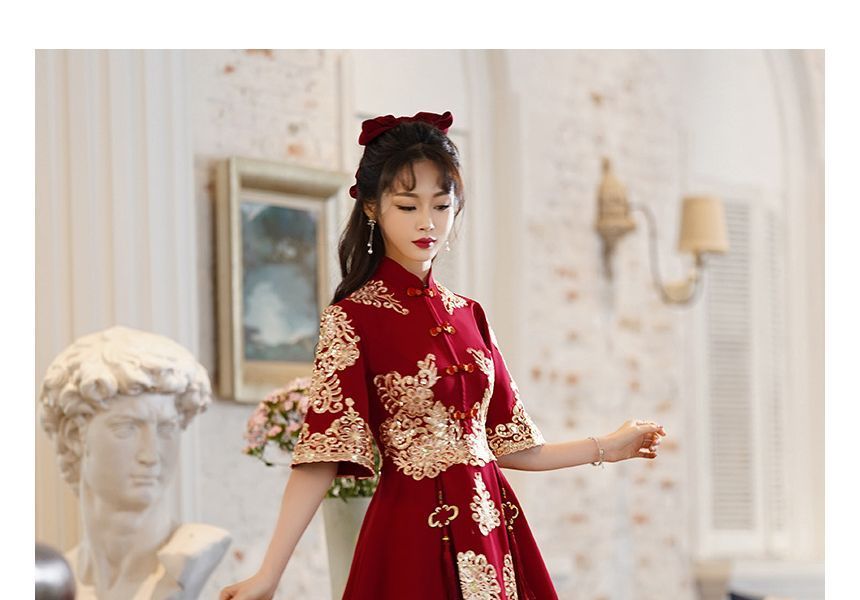 A-Line Mandarin Elbow-Sleeve Collar Gown Fringe / Embroidered Dress Beaded Wedding Chinese Midi Cocktail