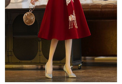 A-Line Mandarin Elbow-Sleeve Collar Gown Fringe / Embroidered Dress Beaded Wedding Chinese Midi Cocktail