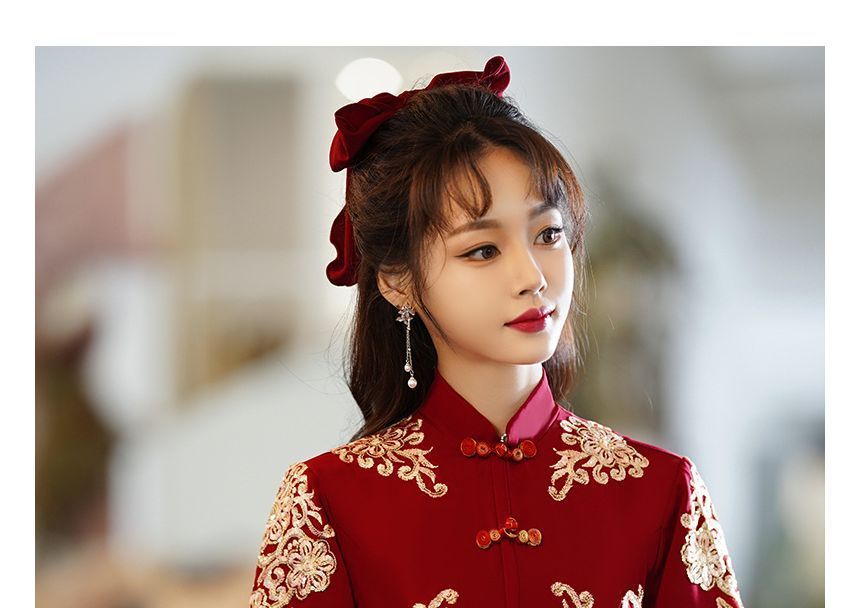 Elbow-Sleeve Mandarin Collar Embroidered Beaded Fringe A-Line Chinese Wedding Gown / Midi Cocktail Dress