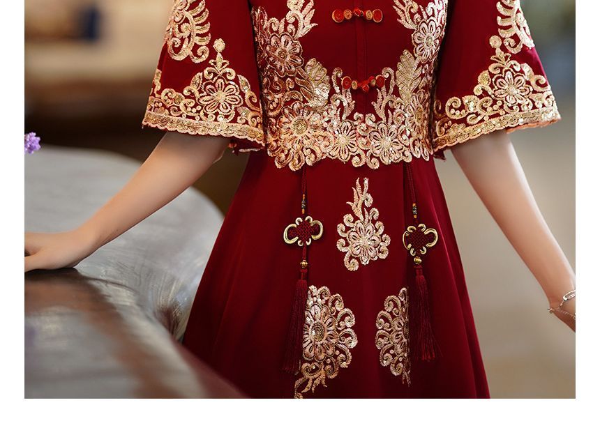 A-Line Mandarin Elbow-Sleeve Collar Gown Fringe / Embroidered Dress Beaded Wedding Chinese Midi Cocktail