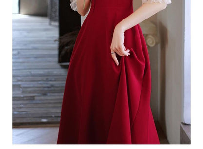 Elbow-Sleeve Square Neck Ruched Sequin Panel Mesh Midi A-Line Cocktail Dress