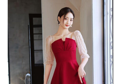 Elbow-Sleeve Square Neck Ruched Sequin Panel Mesh Midi A-Line Cocktail Dress
