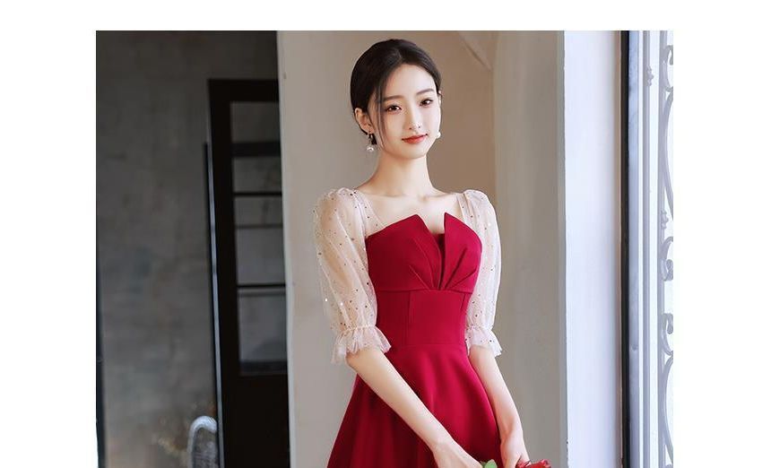 Elbow-Sleeve Square Neck Ruched Sequin Panel Mesh Midi A-Line Cocktail Dress