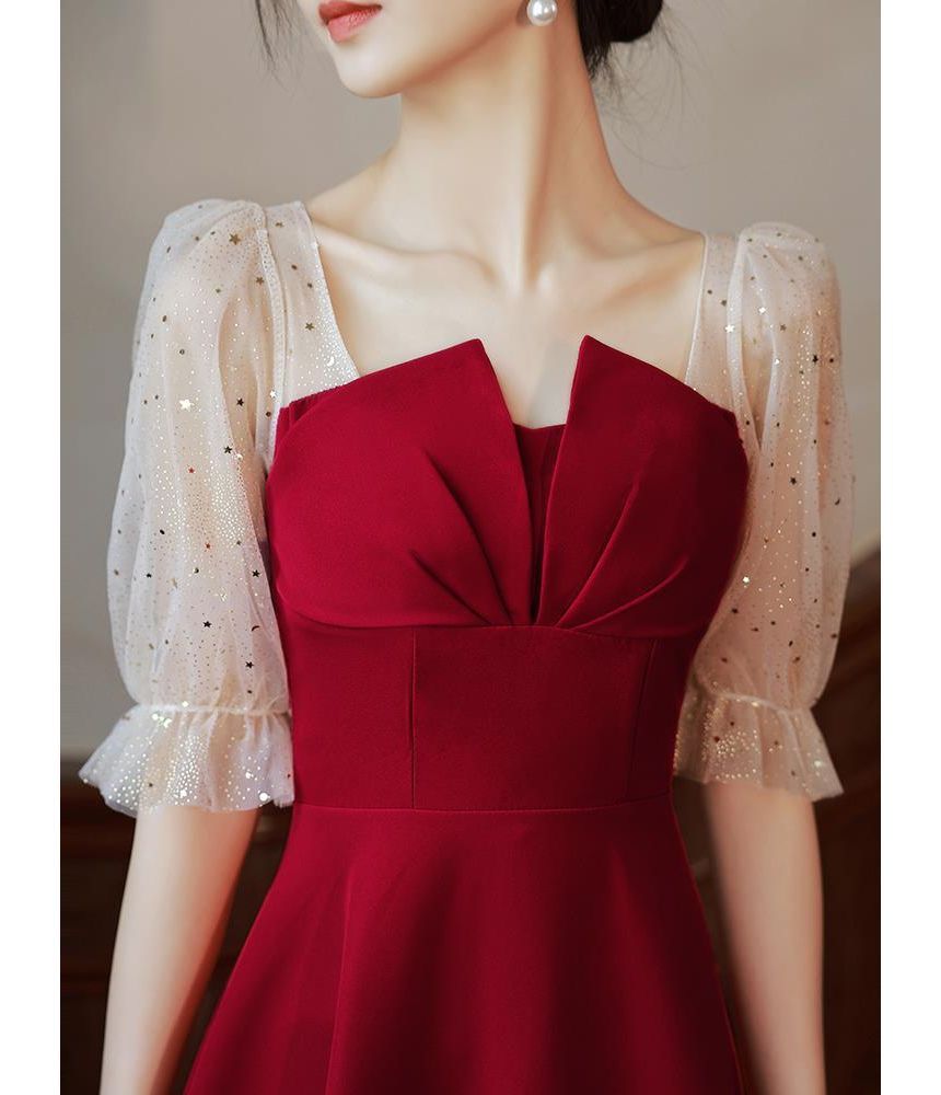 Elbow-Sleeve Square Neck Ruched Sequin Panel Mesh Midi A-Line Cocktail Dress