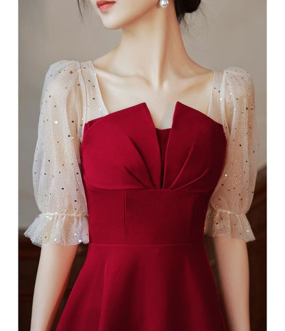Elbow-Sleeve Square Neck Ruched Sequin Panel Mesh Midi A-Line Cocktail Dress