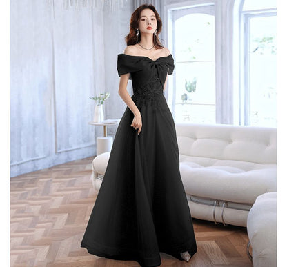 Short-Sleeve Off Shoulder Sequin Beaded Mesh A-Line Evening Gown / Midi Cocktail Dress