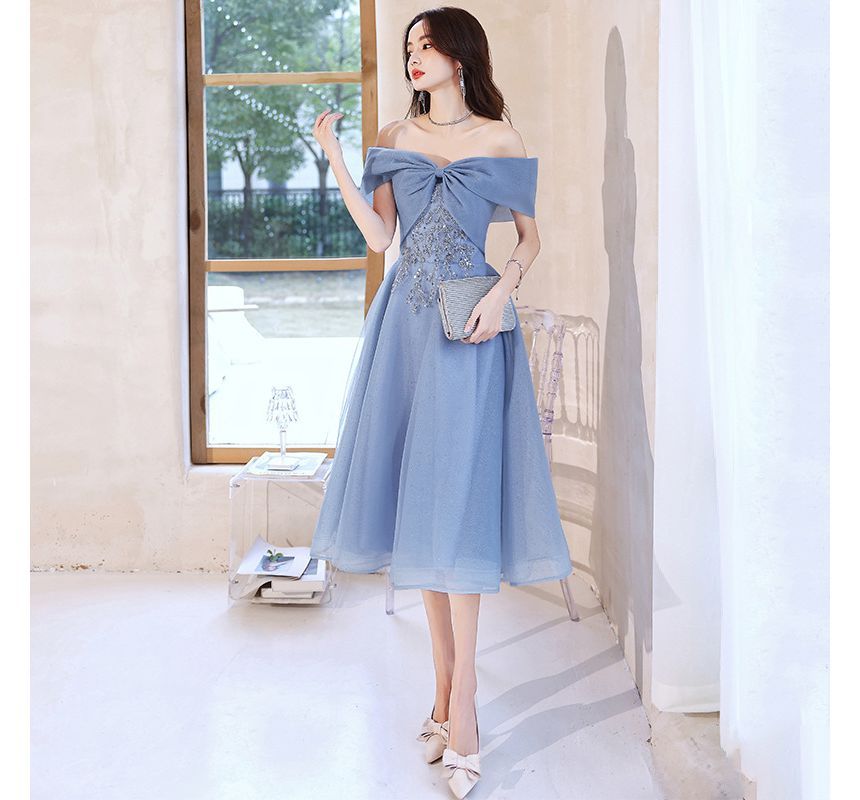 Short-Sleeve Off Shoulder Sequin Beaded Mesh A-Line Evening Gown / Midi Cocktail Dress