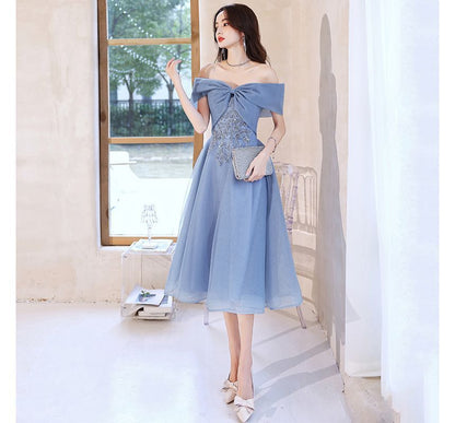 Short-Sleeve Off Shoulder Sequin Beaded Mesh A-Line Evening Gown / Midi Cocktail Dress