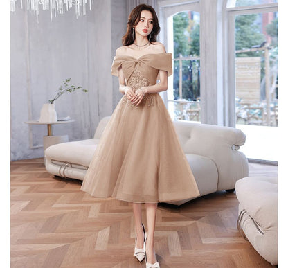 Short-Sleeve Off Shoulder Sequin Beaded Mesh A-Line Evening Gown / Midi Cocktail Dress