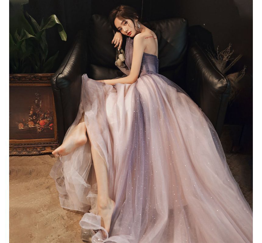 A-Line Gown Tube Midi Mesh Glitter Evening / Ruched Gradient