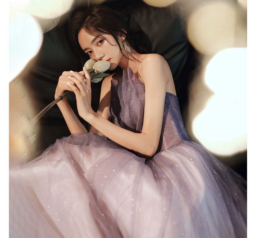 A-Line Gown Tube Midi Mesh Glitter Evening / Ruched Gradient