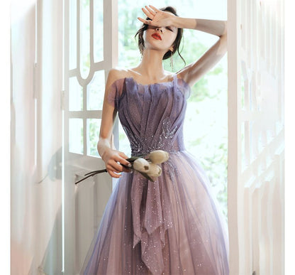 Gradient Ruched Glitter Mesh A-Line Tube Evening Gown / Midi Evening Gown